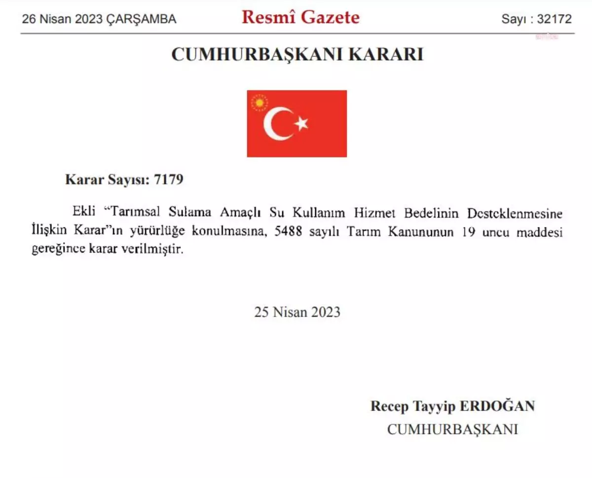 Devlet, Çiftçilerin 2023 Yılına İlişkin Tarımsal Su Bedellerinin Yarısını Karşılayacak