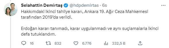 Demirtaş: 'Benim Kimseden Tahliye Talebim Olmadı, Erdoğan Mahkeme Kararlarını da Anayasa'yı da Tanımadığını İlan Etti' Demirtaş: 'Benim Kimseden Tahliye Talebim Olmadı, Erdoğan Mahkeme Kararlarını da Anayasa'yı da Tanımadığını İlan Etti'