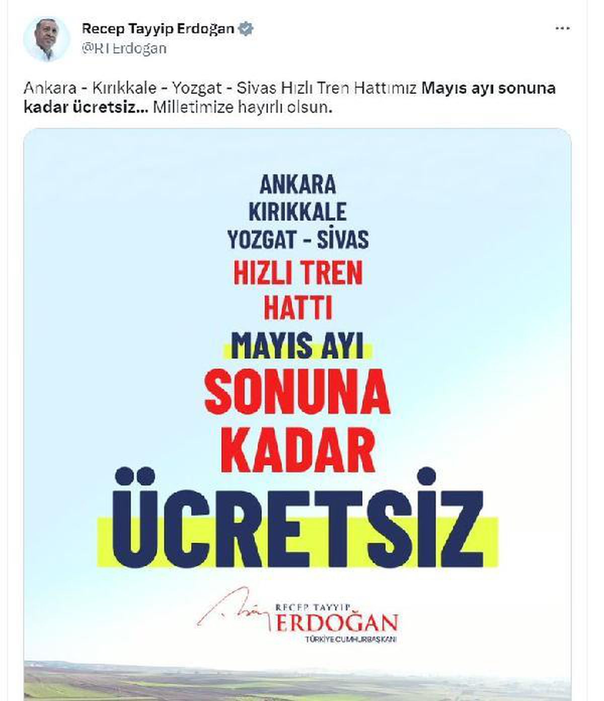 Ankara-Sivas yüksek hızlı treni mayıs ayı sonuna kadar ücretsiz olacak