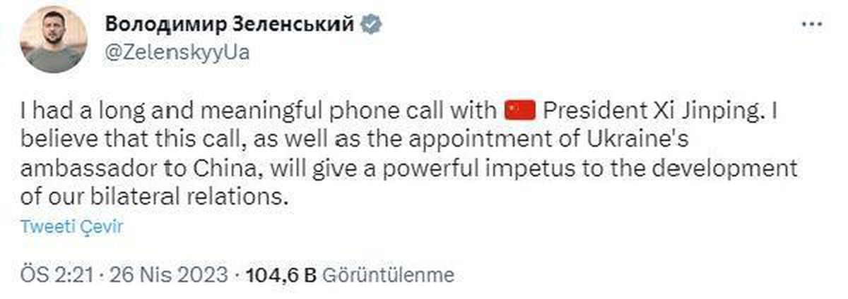 Ukrayna Devlet Başkanı Zelenski, Çin Devlet Başkanı Şi Cinping ile Telefon Görüşmesi Yaptı