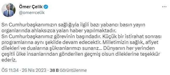 AK Parti Sözcüsü Çelik'ten yabancı basına tepki. Cumhurbaşkanımızın sağlığıyla ilgili ahlaksızca yalan haber yapılıyo