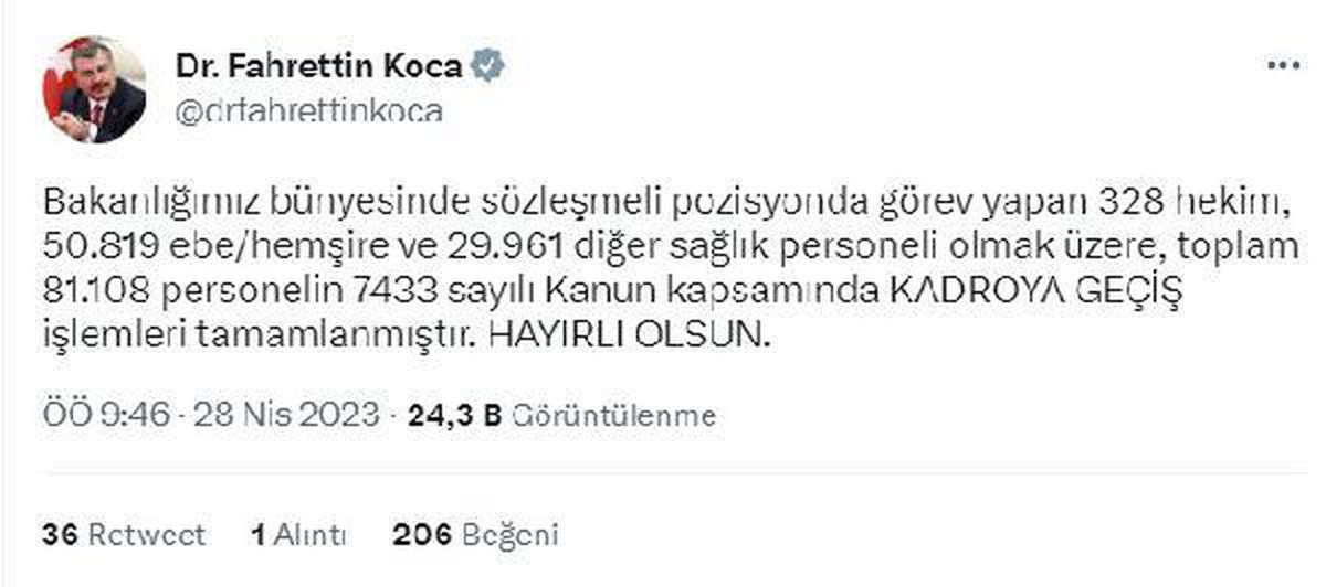 Sağlık Bakanı: 81 Bin 108 Sağlık Personeli Kadroya Geçti