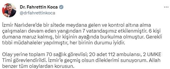Bakan Koca, yangına ilişkin son durumu aktardı: 7 vatandaşımız etkilendi