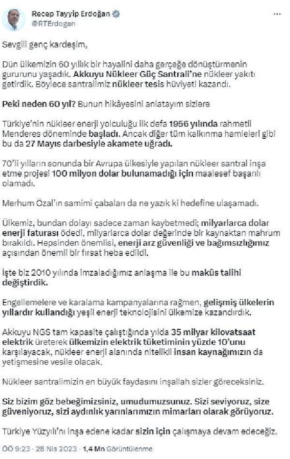 Erdoğan: Nükleer santralimizin faydasını gençlerimiz görecek