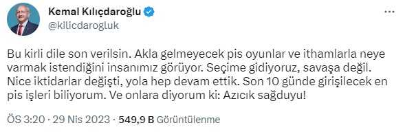 Seçime günler kala Kılıçdaroğlu'ndan 'sağduyu' çağrısı: Son 10 günde girişilecek en pis işleri biliyorum Seçime günler kala Kılıçdaroğlu'ndan 'sağduyu' çağrısı: Son 10 günde girişilecek en pis işleri biliyorum