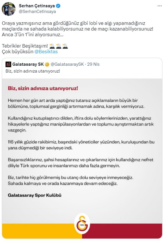 Beşiktaş Asbaşkanı Çetinsaya'nın '3'ün 1'ini alıyorsunuz' paylaşımı G.Saray'ı çıldırttı