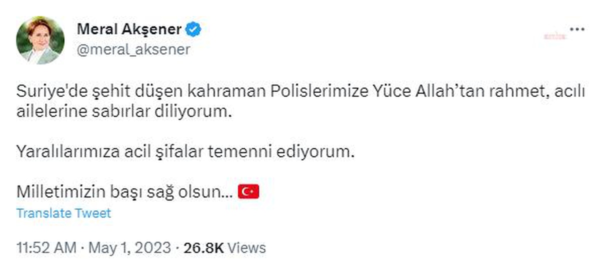 İYİ Parti Genel Başkanı Meral Akşener\'den Suriye\'deki Şehitler İçin Taziye Mesajı