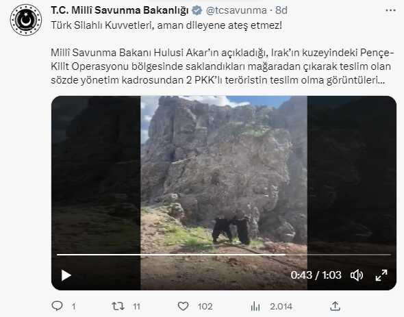 Bakan Akar 'Terör örgütünün sözde 2 elebaşı teslim oldu' dedi! TSK o anları paylaştı