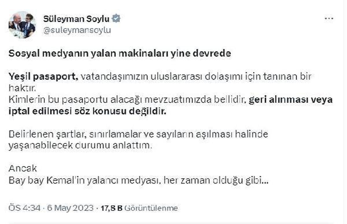 İçişleri Bakanı Soylu\'dan Yeşil Pasaport Açıklaması
