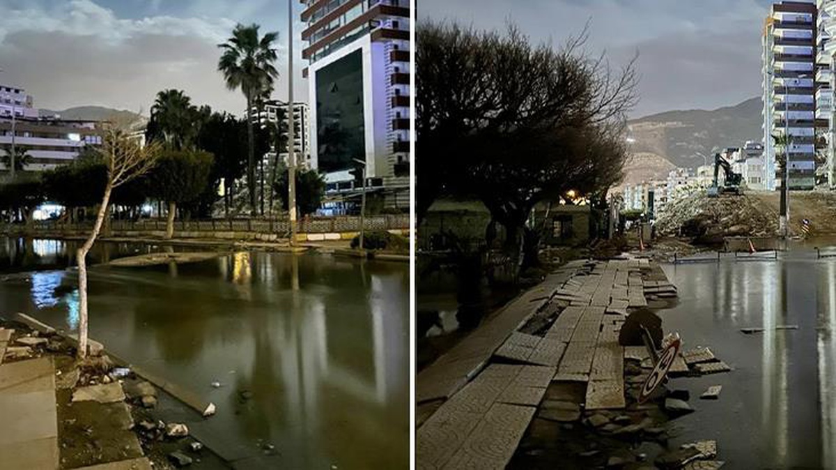 İskenderun\'da deniz seviyesi yükselince caddeler suya gömüldü