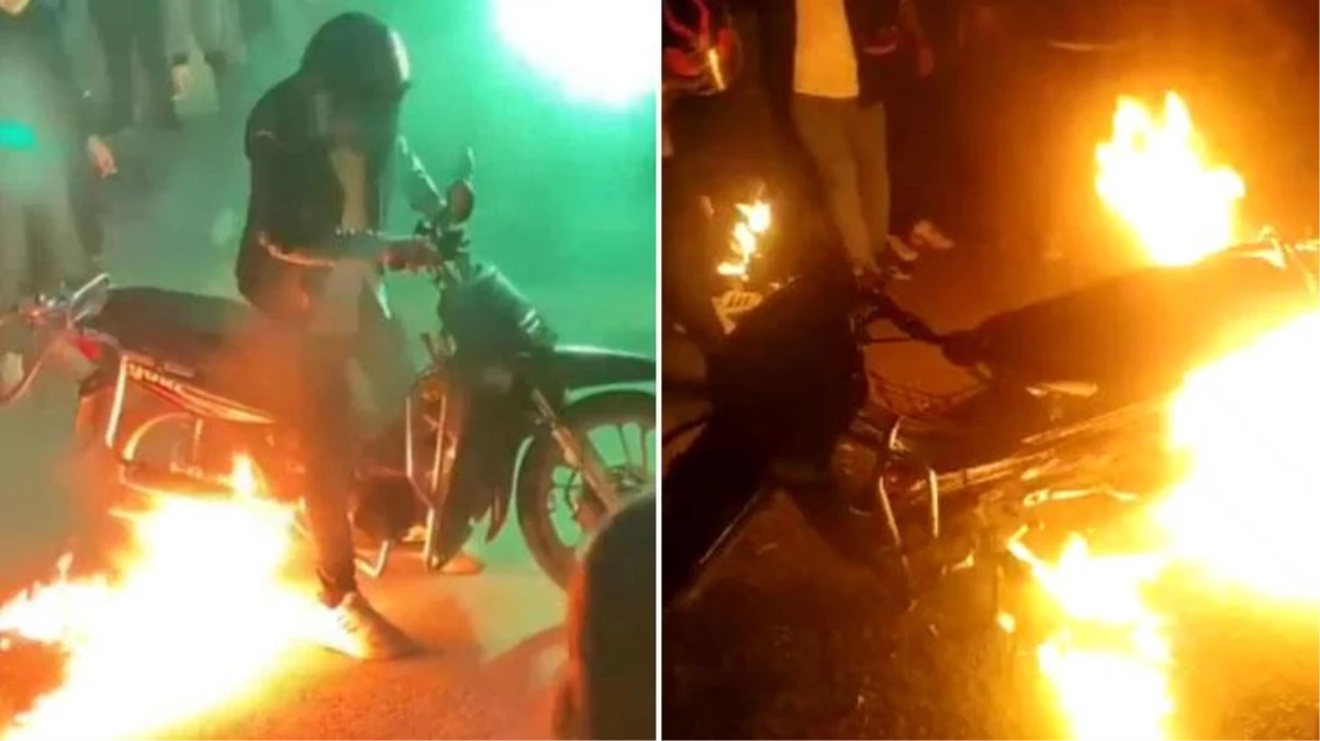 Asker eğlencesinde tehlikeli gösteri! Ateşle dans ederken bir anda motosiklete sıçrayan alevler tehlikeli anlar yaşattı