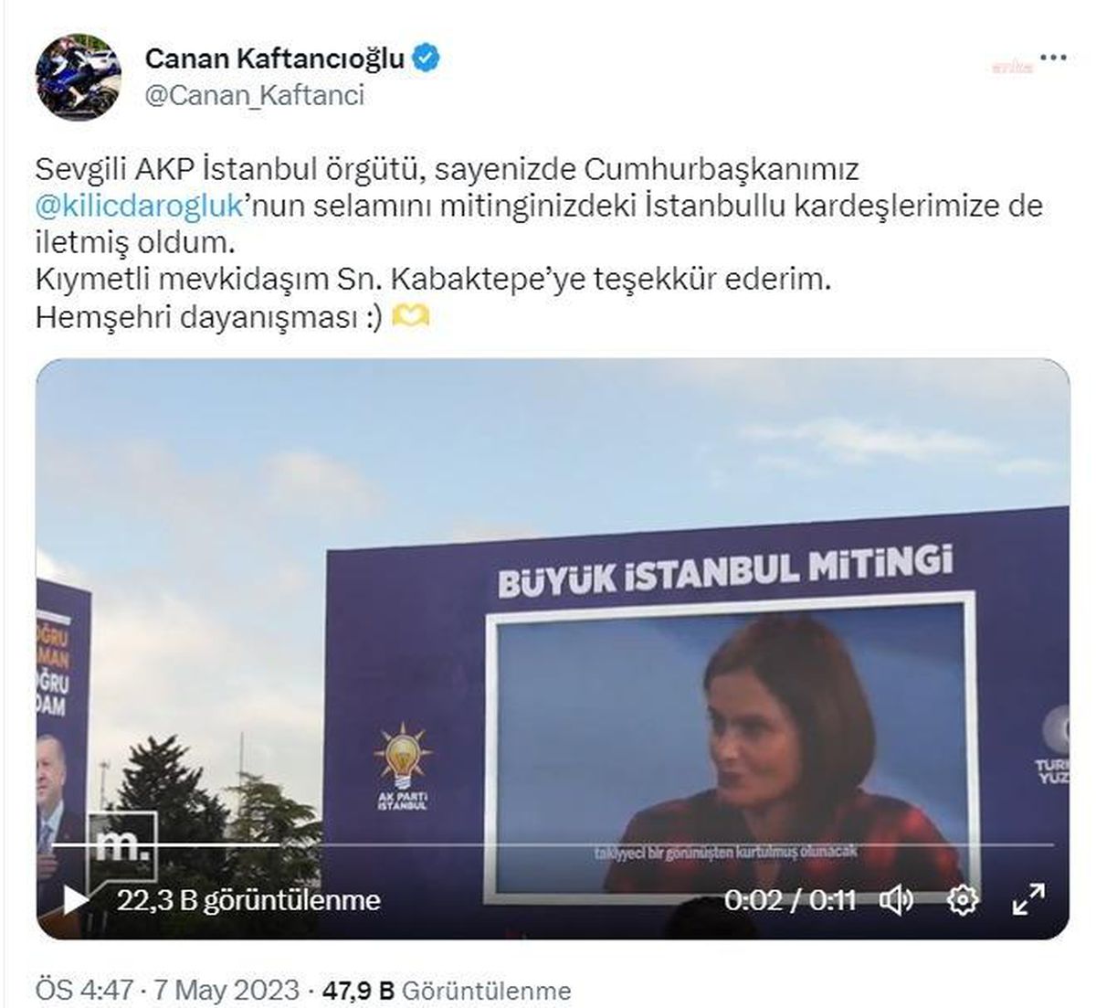 CHP İstanbul İl Başkanı Canan Kaftancıoğlu, AKP mitinginde kendi görüntülerinin izletilmesine tepki gösterdi