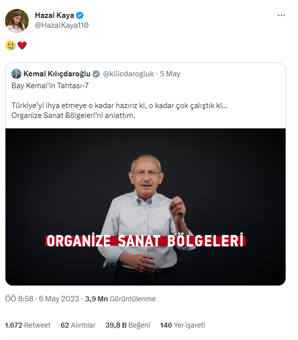 Ünlü oyuncu Hazal Kaya Kemal Kılıçdaroğlu'nun videosunu kalp emojisiyle paylaştı