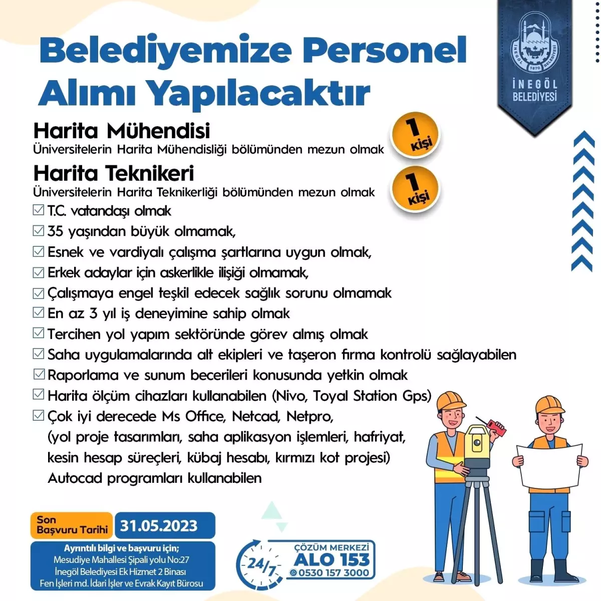 İnegöl Belediyesi 2 Harita Personeli Alımı Yapacak