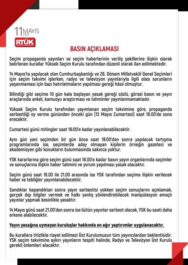 RTÜK'ten seçim yayınları ve haberleriyle ilgili uyarı: Yasağa uymayanlara en ağır yaptırımlar uygulanacak