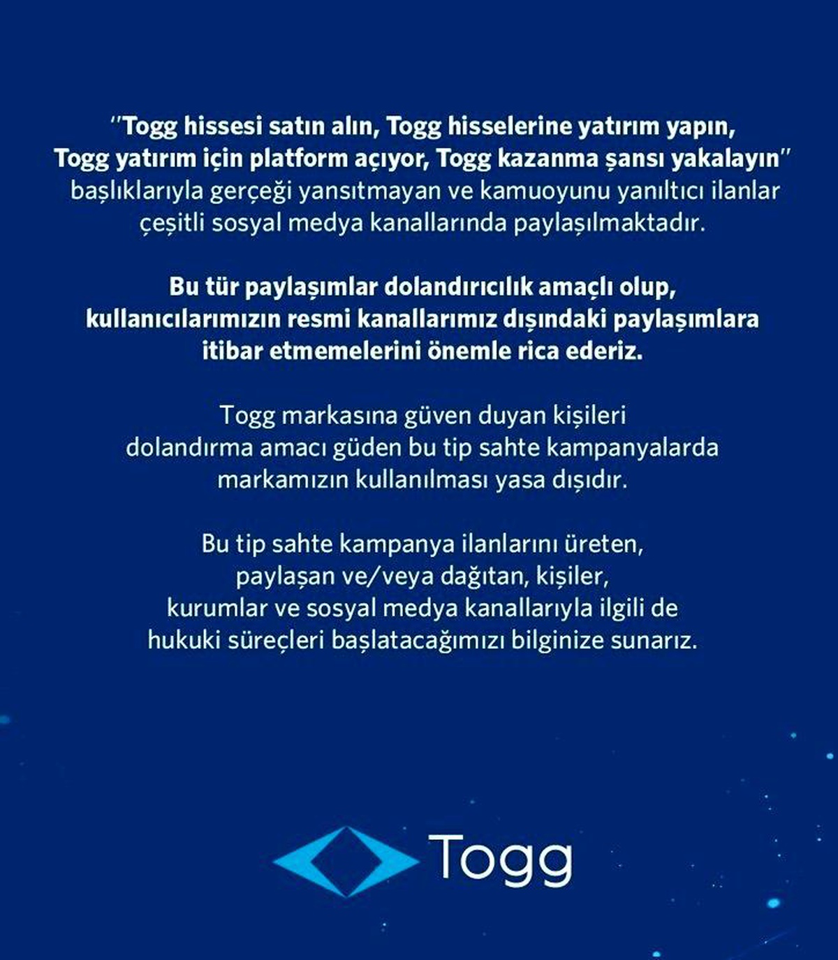 Togg, Yerli Otomobil Adına Yapılan Dolandırıcılık Girişimlerine Karşı Uyarı Yaptı