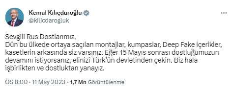Kremlin'den Kılıçdaroğlu'nun 'kaset' çıkışına yanıt: Bu iddiaları ana muhalefet adayına ileten kişiler yalancıdır Kremlin'den Kılıçdaroğlu'nun 'kaset' çıkışına yanıt: Bu iddiaları ana muhalefet adayına ileten kişiler yalancıdır