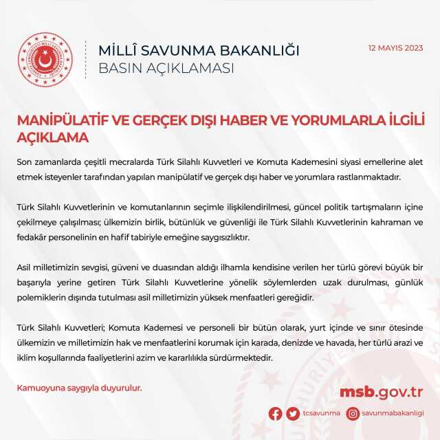 MSB'den 'Seçim günü TSK zırhlı araç ve personelinin hazır bulundurulması' iddiasına yanıt: Manipülatif ve gerçek dışı MSB'den 'Seçim günü TSK zırhlı araç ve personelinin hazır bulundurulması' iddiasına yanıt: Manipülatif ve gerçek dışı