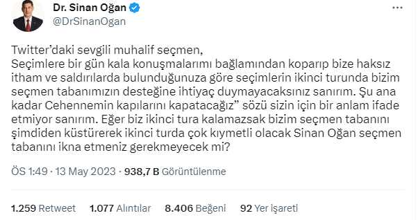 Sinan Oğan, '2. turda bedavaya destek vermeyiz' sözlerine gelen tepkilere yanıt verdi Sinan Oğan, '2. turda bedavaya destek vermeyiz' sözlerine gelen tepkilere yanıt verdi