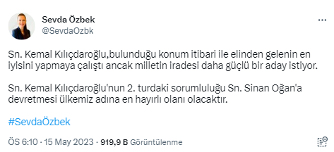 ATA İttifakı Cumhurbaşkanı Yardımcısı Adayı Sevda Özbek'ten Kılıçdaroğlu'na çağrı: 2. turda sorumluluğu Oğan'a devredin