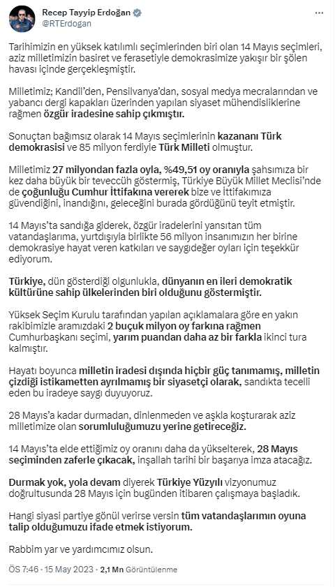 İkinci tura önde giren Cumhurbaşkanı Erdoğan'dan bir açıklama daha: 14 Mayıs'taki oy oranımızı yükselterek tarihi başarıya imza atacağız