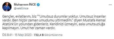 Muharrem İnce seçim sonuçlarının ardından sessizliğini bozdu: Umut her zaman vardır Muharrem İnce seçim sonuçlarının ardından sessizliğini bozdu: Umut her zaman vardır