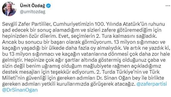Ümit Özdağ'dan seçim sonuçlarına ilişkin ilk yorum: Hepinizden özür dilerim Ümit Özdağ'dan seçim sonuçlarına ilişkin ilk yorum: Hepinizden özür dilerim