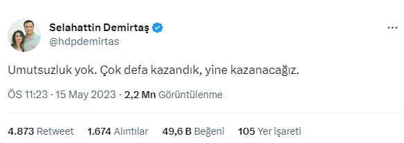 Demirtaş'ta 'ikinci tur' yorumu: Umutsuzluk yok, çok defa kazandık yine kazanacağız Demirtaş'ta 'ikinci tur' yorumu: Umutsuzluk yok, çok defa kazandık yine kazanacağız