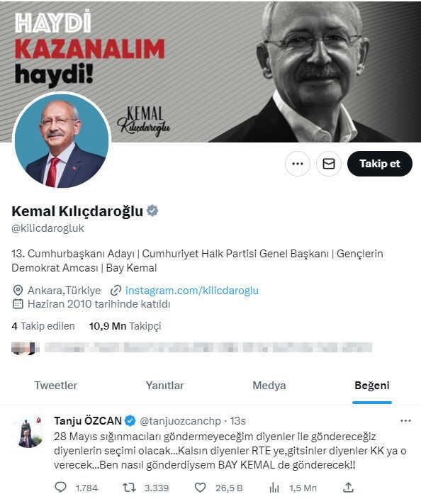 Kılıçdaroğlu, Tanju Özcan'ın 'sığınmacı' paylaşımını beğendi Kılıçdaroğlu, Tanju Özcan'ın 'sığınmacı' paylaşımını beğendi