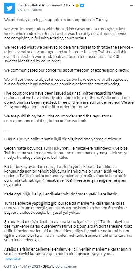 Seçim öncesi Türkiye için kısıtlama kararı almıştı! Twitter, hükümetin talebini açıkladı Seçim öncesi Türkiye için kısıtlama kararı almıştı! Twitter, hükümetin talebini açıkladı