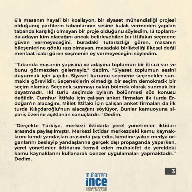 Seçim sonuçlarıyla ilgili 4 sayfalık mektup yayınlayan İnce, 6'lı Masa'ya yüklendi: Şimdi herkes 'Muharrem İnce haklıymış' diyor