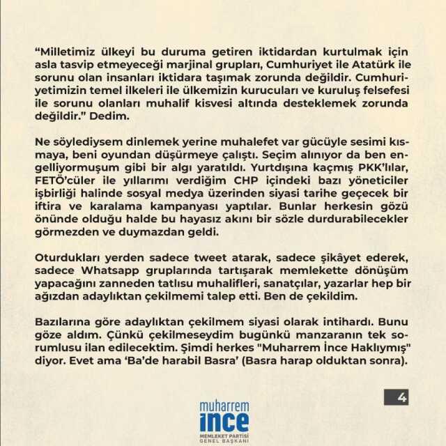Seçim sonuçlarıyla ilgili 4 sayfalık mektup yayınlayan İnce, 6'lı Masa'ya yüklendi: Şimdi herkes 'Muharrem İnce haklıymış' diyor