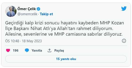 MHP Kozan İlçe Başkanı Nihat Atlı kalp krizi sonucu hayatını kaybetti