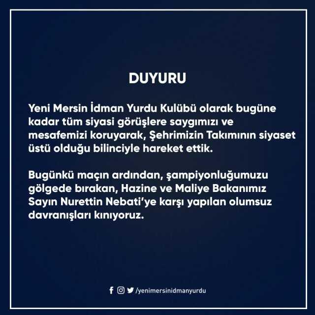 Mersin İdman Yurdu Kulübü, Bakan Nebati'yi protesto eden taraftarına tepki gösterdi: Bu davranışı kınıyoruz