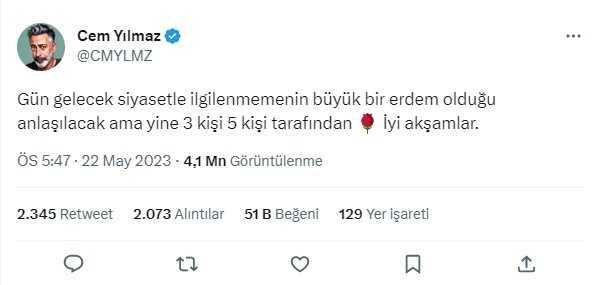 Cem Yılmaz'dan Sinan Oğan'ın 2. turda Cumhurbaşkanı Erdoğan'a destek vermesine ilk tepki