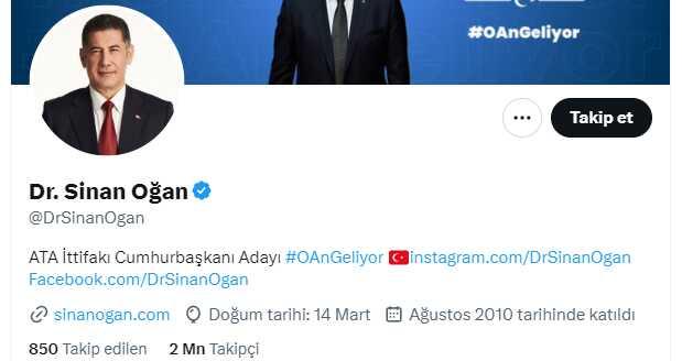 Sinan Oğan, Cumhurbaşkanı Erdoğan'a desteğini açıklaması sonrası kısa sürede 100 binden fazla takipçi kaybetti