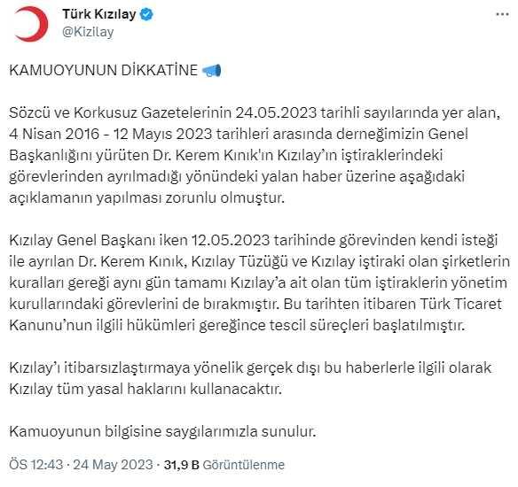 Kızılay: Kerem Kınık genel başkanlıktan istifa ettiği gün iştiraklerin yönetim kurullarındaki görevlerini de bıraktı