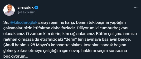 Kılıçdaroğlu'nun 'Ne olduğunu iyi biliyoruz' dediği Sakık'tan yanıt geldi: Seçim sonrasını bekle