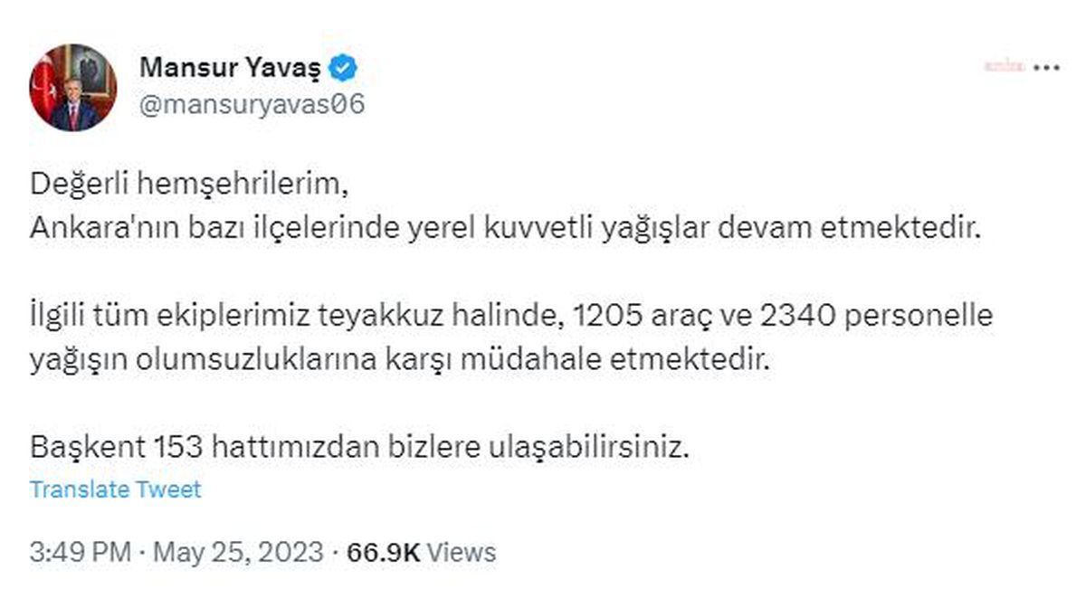 Ankara\'da kuvvetli yağışa karşı uyarı