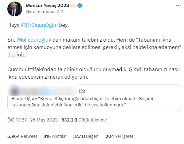 Mansur Yavaş'tan 'Kılıçdaroğlu'ndan hiçbir talebim olmadı' diyen Sinan Oğan'a yalanlama: Makam talebeniz oldu