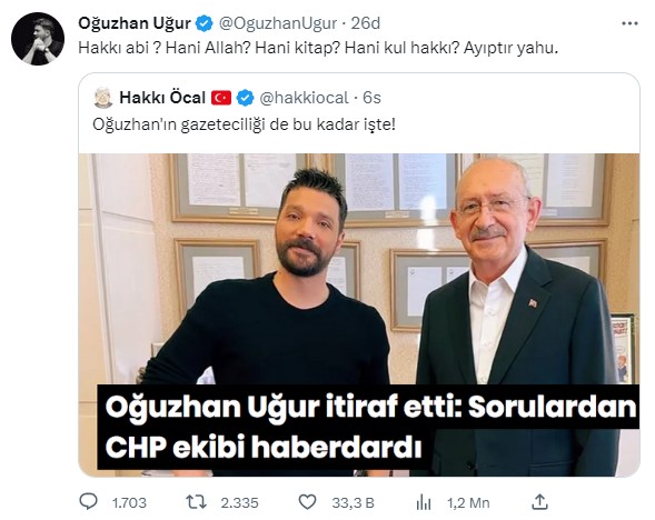 Oğuzhan Uğur, BabalaTv'ye katılan Kemal Kılıçdaroğlu için 'Sorulardan haberi vardı' diyen gazeteci Hakkı Öcal'a yanıt: Ayıptır yahu