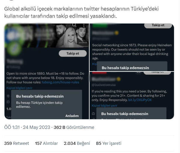 Alkollü içecek markalarına Twitter'da takip engelinin güncel olduğu iddiası