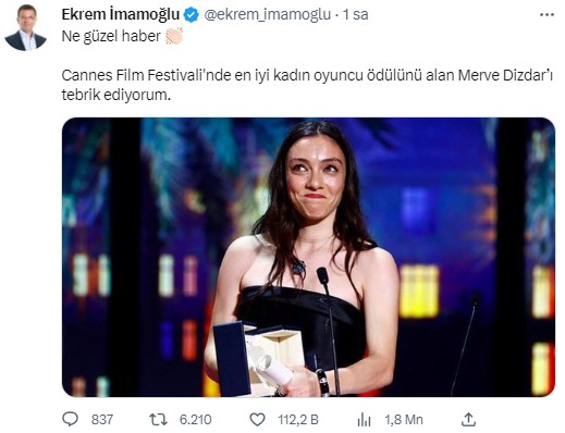 Cannes'da En İyi Kadın Oyuncu Ödülünü alan Merve Dizdar'a tebrik yağdı
