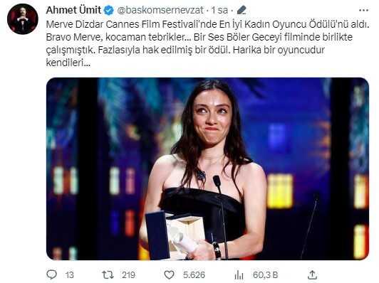 Cannes'da En İyi Kadın Oyuncu Ödülünü alan Merve Dizdar'a ünlüler ve siyasetçilerden tebrik yağdı