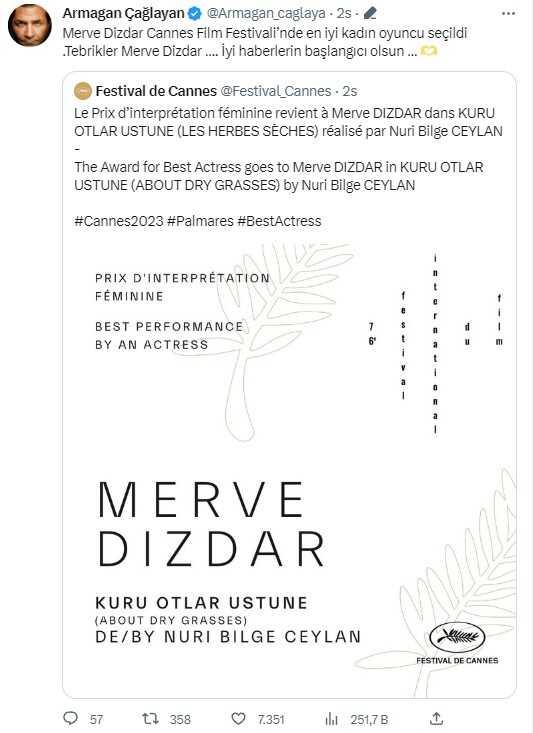 Cannes'da En İyi Kadın Oyuncu Ödülünü alan Merve Dizdar'a ünlüler ve siyasetçilerden tebrik yağdı