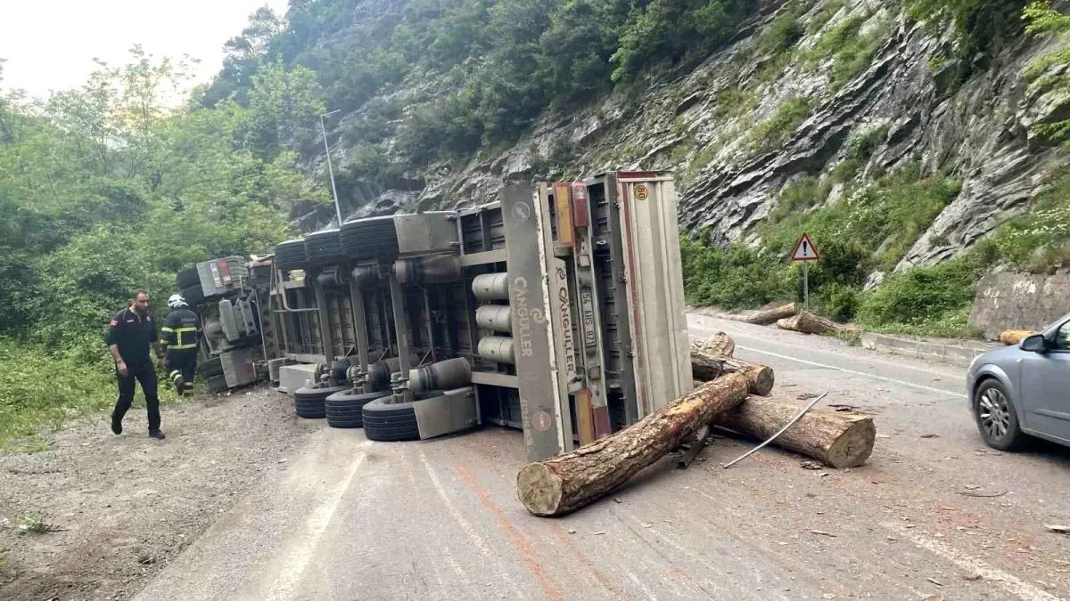 Tomruk yüklü tır devrildi, sürücüsü ağır yaralandı