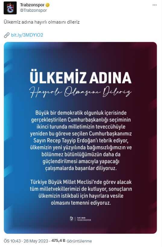 Beşiktaş ve Trabzonspor, Cumhurbaşkanı Erdoğan'ı tebrik etti
