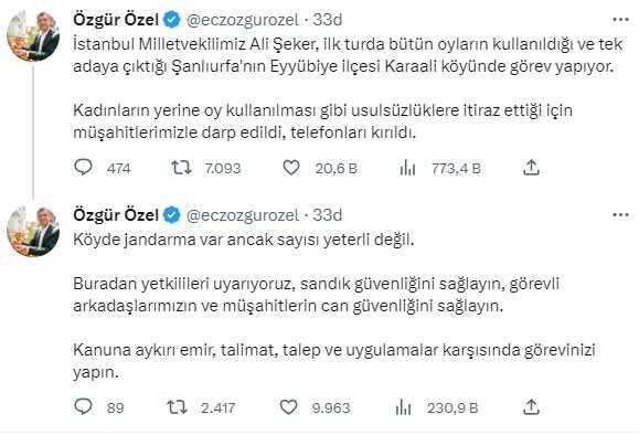 CHP Grup Başkanvekili Özgür Özel: İstanbul milletvekilimiz Şanlıurfa'da müşahitlerimizle darbedildi