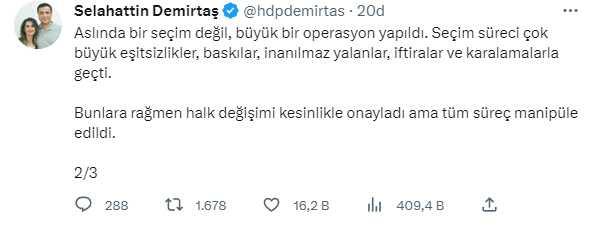 Cumhurbaşkanı Erdoğan'ın seçimi kazanması sonrası Demirtaş'tan art arda paylaşımlar