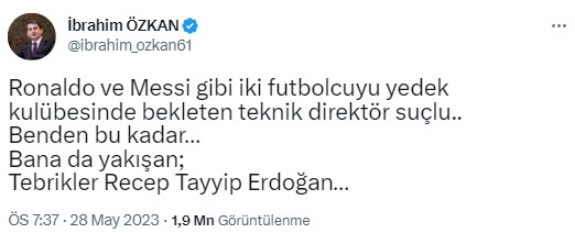 Kılıçdaroğlu'nun kaybetmesinin ardından İYİ Partili İbrahim Özkan'dan manidar paylaşım: Ronaldo ve Messi'yi yedek kulübesinde bekleten teknik direktör